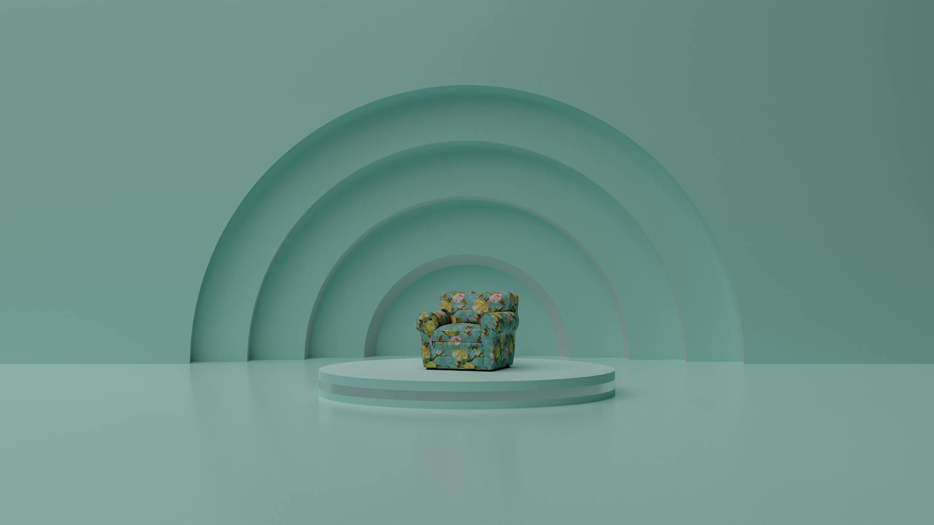 Kwiatowy fotel na podwyższeniu w minimalistycznym turkusowym wnętrzu