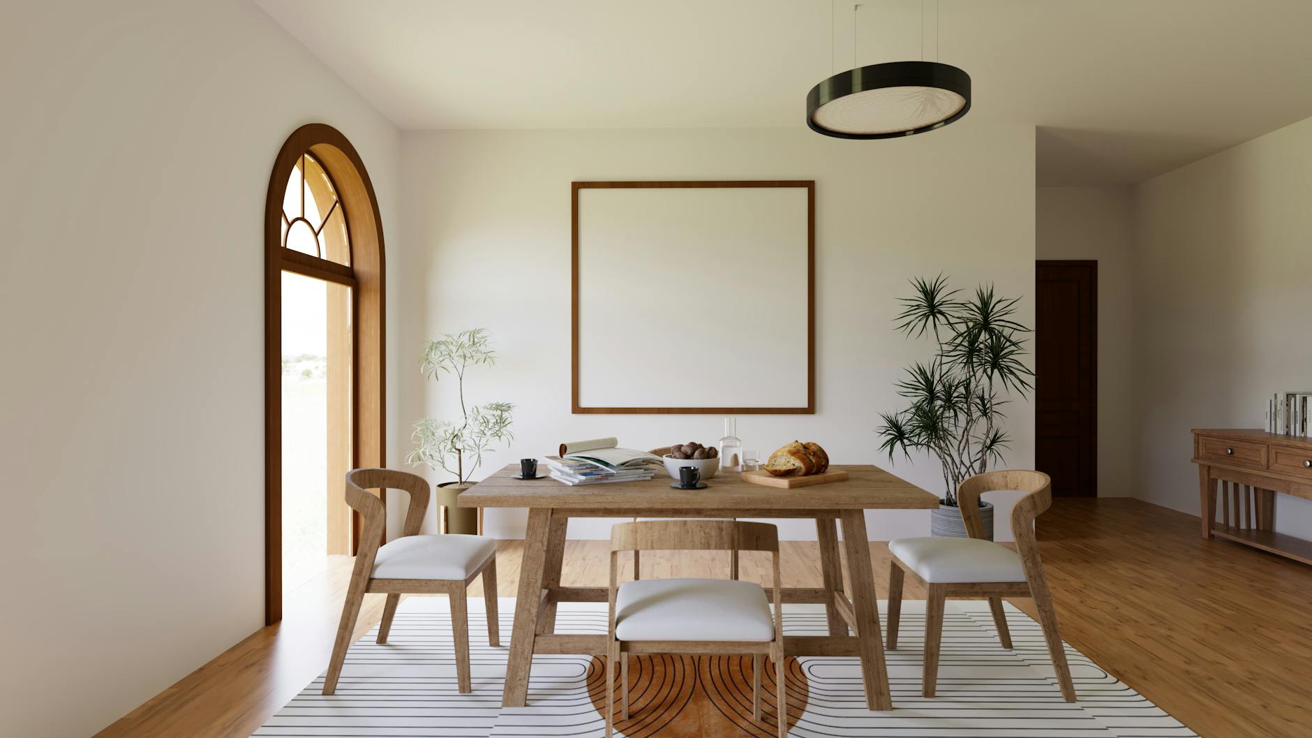 Nowoczesna jadalnia z drewnianym stołem, krzesłami i roślinami