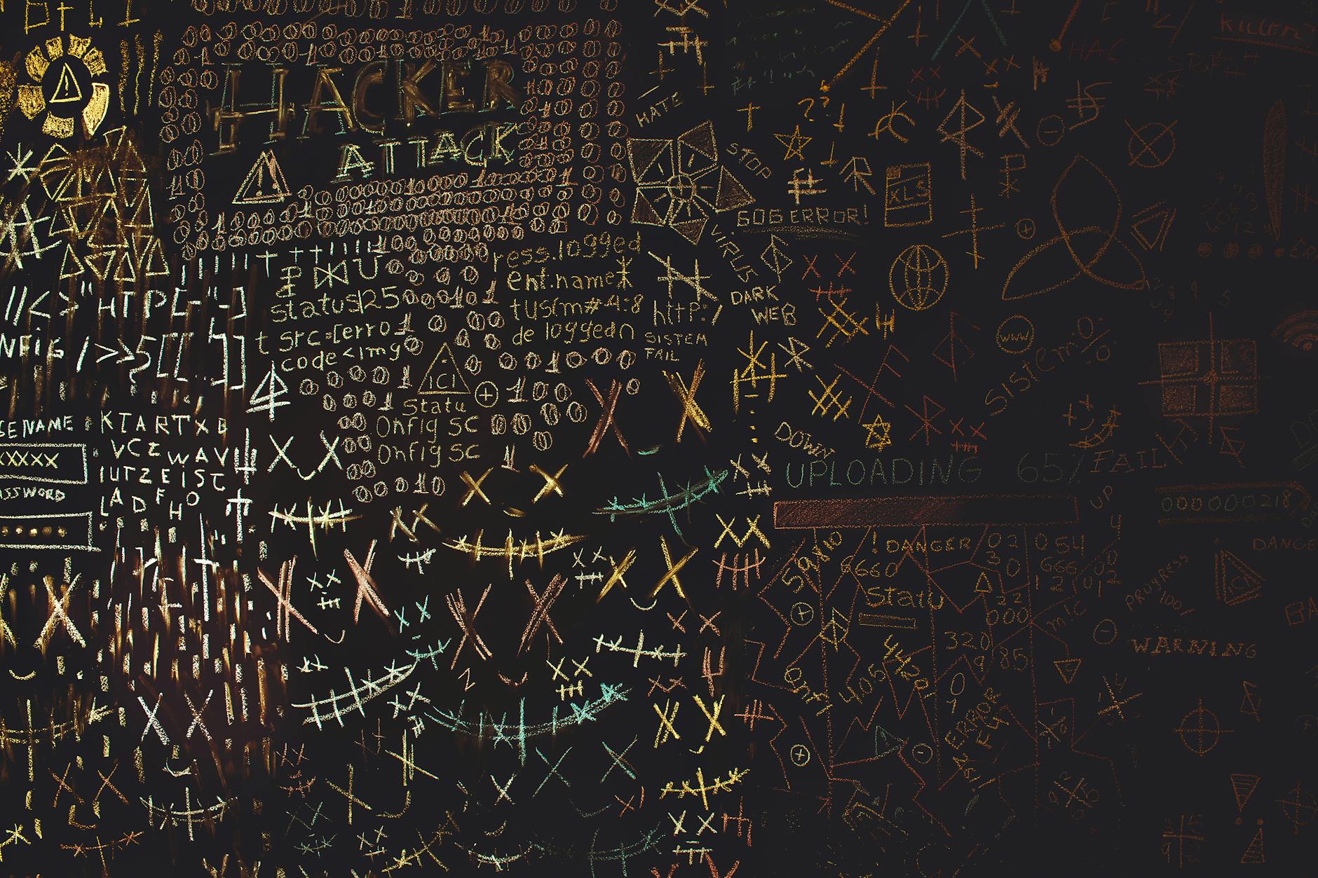 Tablica z rysunkami symboli hakerskich, kodu i wzorów geometrycznych